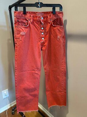 WE THE FREE - red denim cropped jeans, button fly, raw edges, RED, size 27
